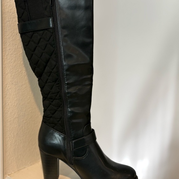 MySoft Heeled Boots Stacked Heel Black Gold Buckles Womens Size 7 Worn Once - Picture 5 of 11